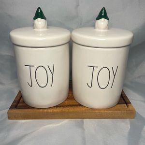 Rae Dunn Set of 2 JOY Green Gnome Baby Canisters w/ Wood Tray